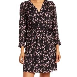 Rebecca Taylor V-neck Belted Dress Silk Blend Floral Jacquard Cheetah size 2 EUC